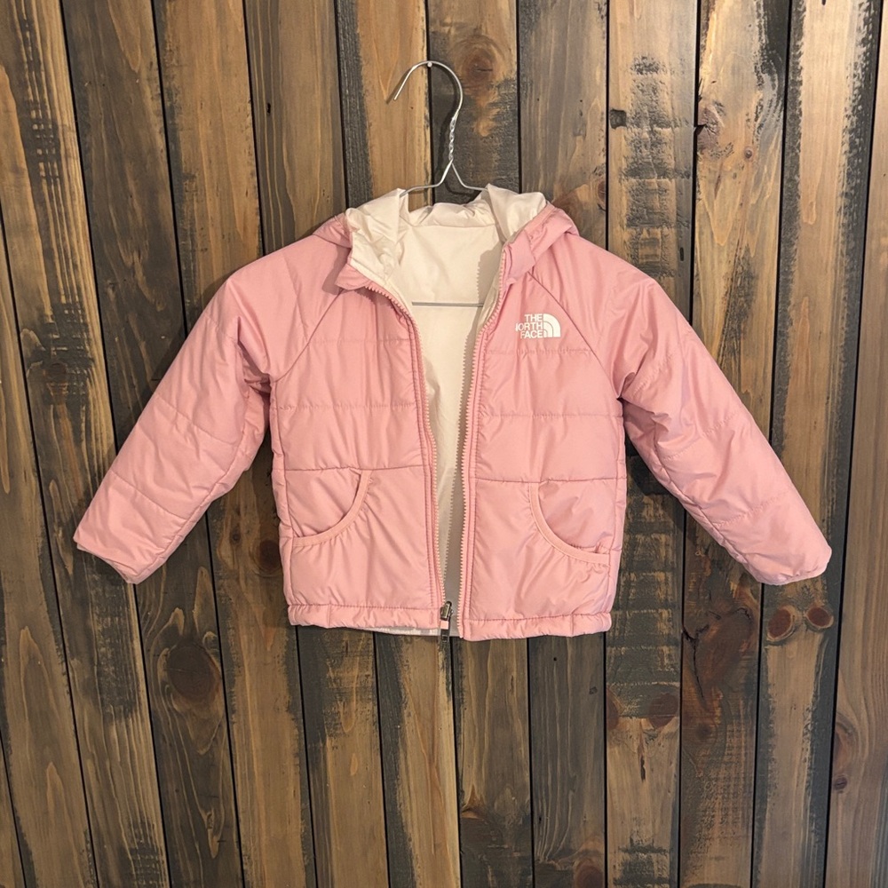Girls North Face Reversible Puffer Coat.  Pink/Cream